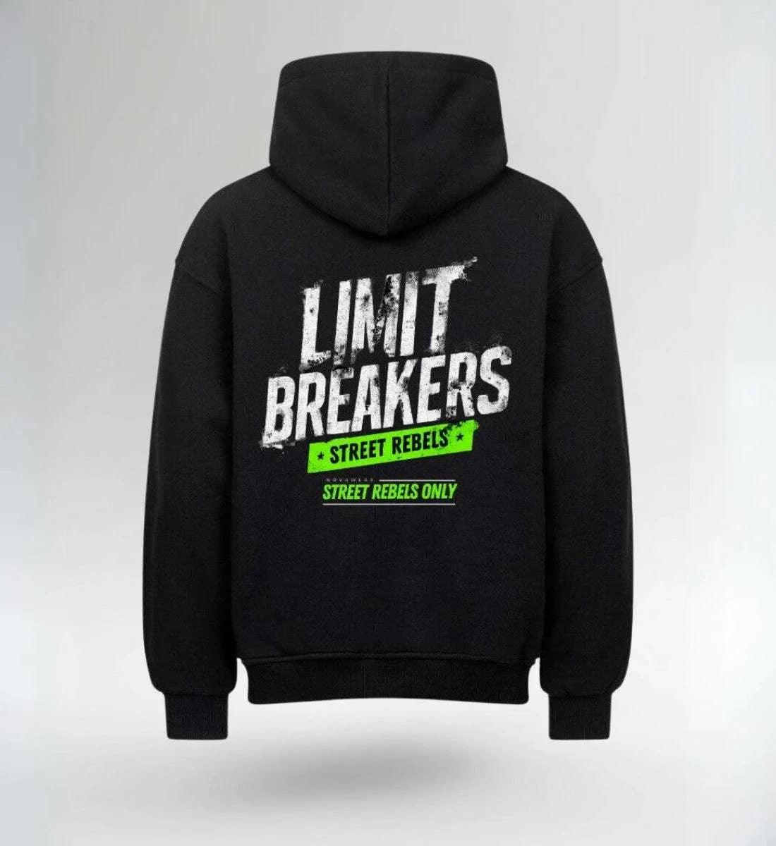 Image of Limit Breakers PRESTIGE Oversized Hoodie black heavy cotton with bold street rebels print on back